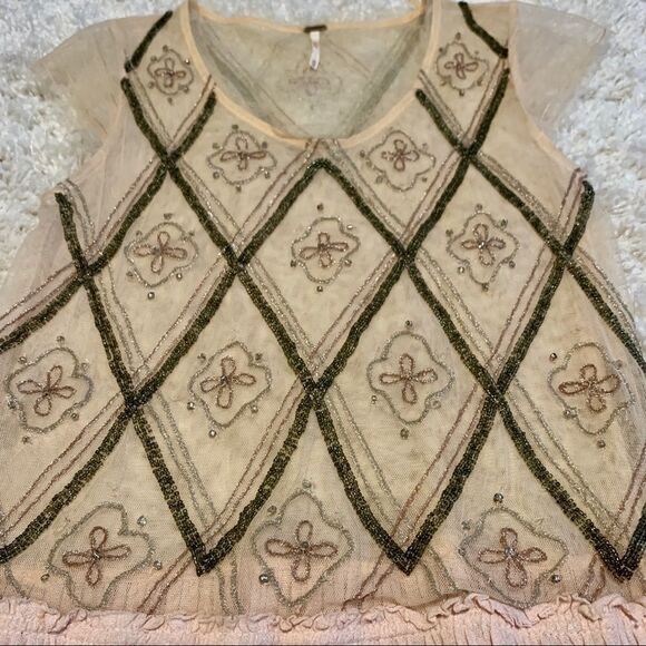 Free People boho intricately beaded embroidered blush sheer top XS TP LOOSE FIT - Picture 7 of 17